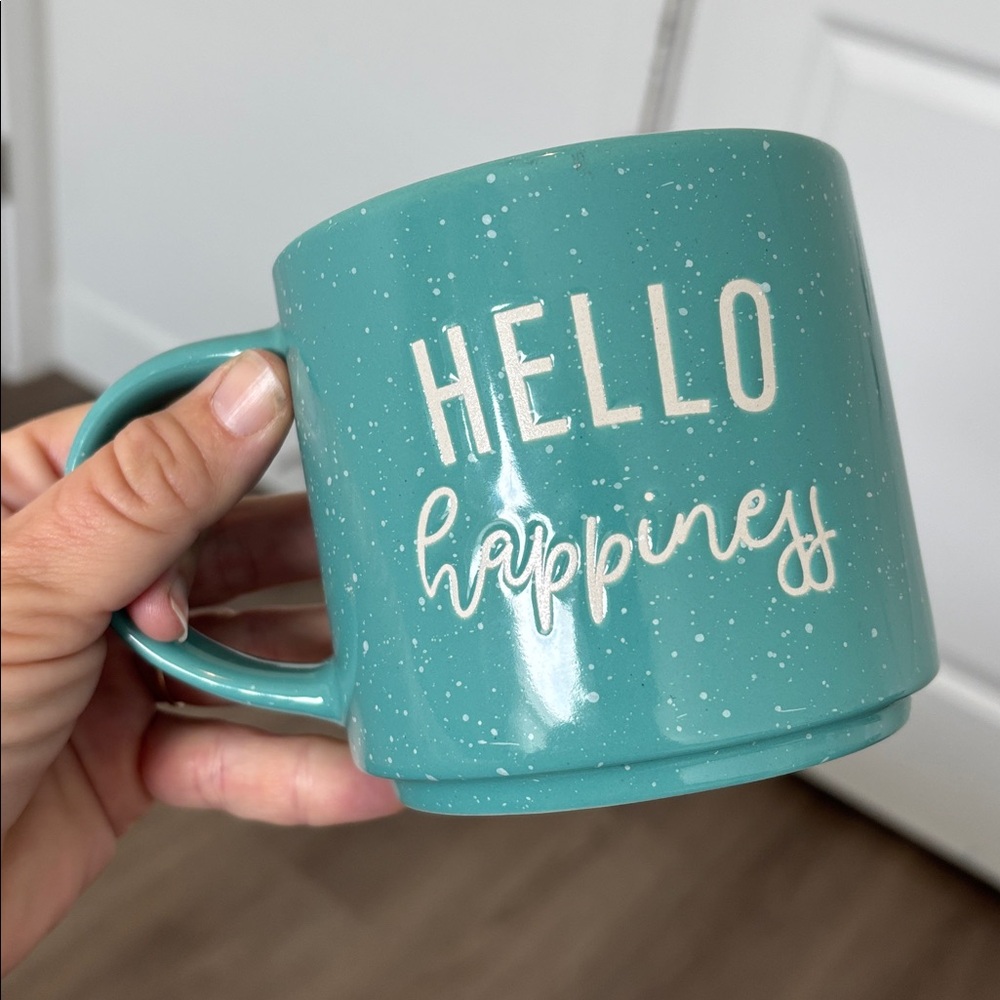 Boston Warehouse Speckled Teal Ceramic Mug, Etched Hello Happiness